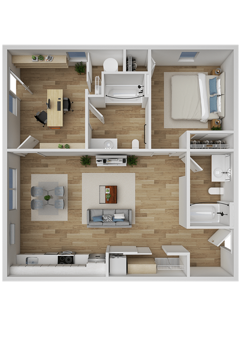 Floor plan for 1 bed, 1.5 baths, 919 sqft